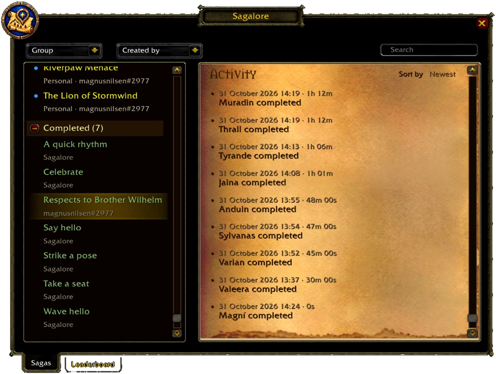 Sagalore activity log with guildmate completions